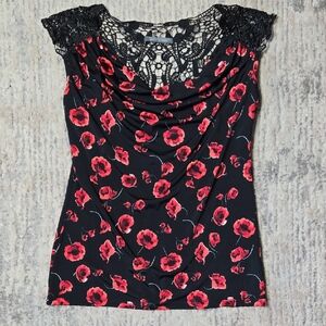 Suzy Shier Black Top with Red Floral Design